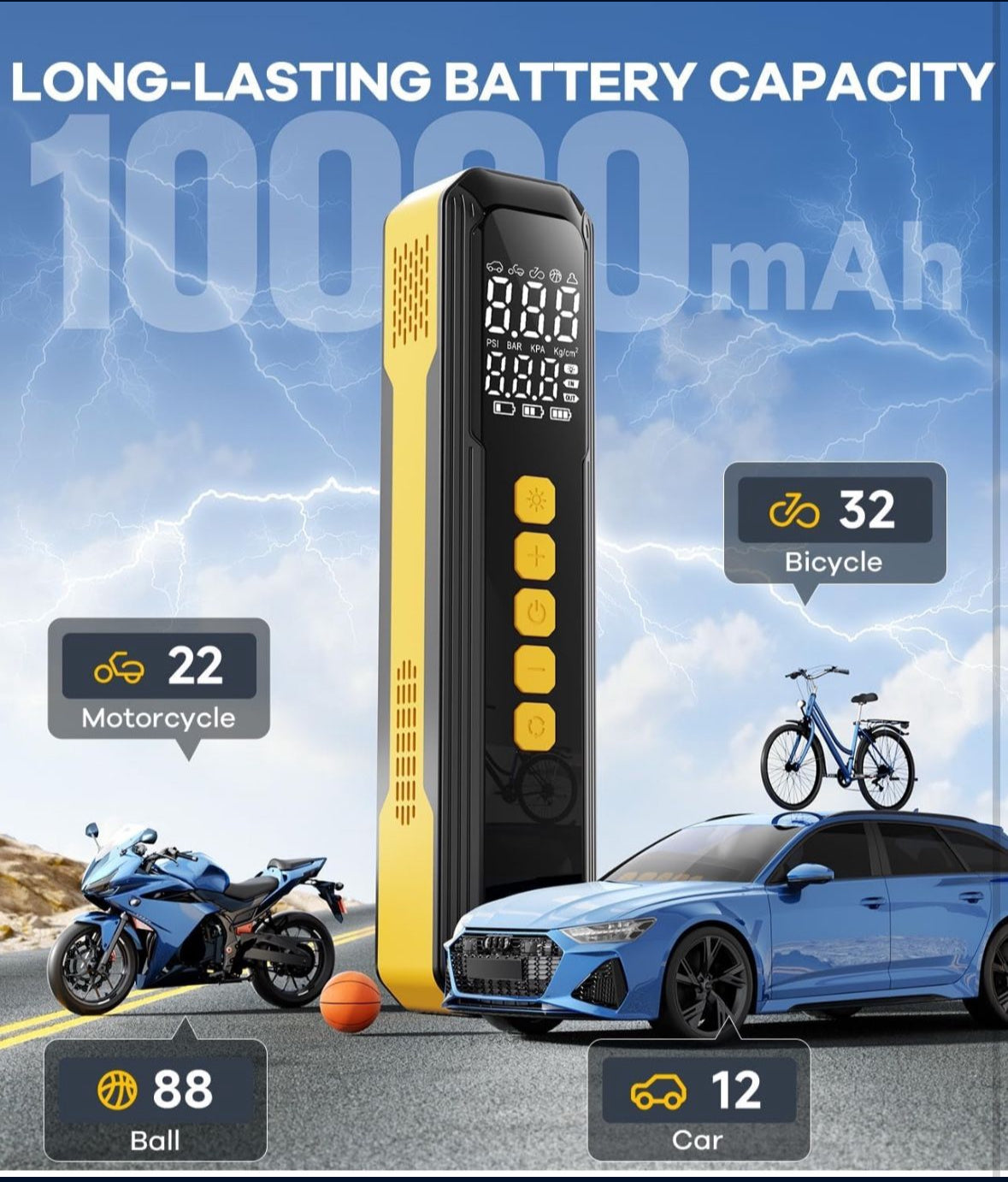 Tire Inflator Portable Air Compressor - 5X Faster 10000mAh Cordless Air Pump for Car Tires, Electric Bike Tire Pump with Digital Pressure Gauge, LED