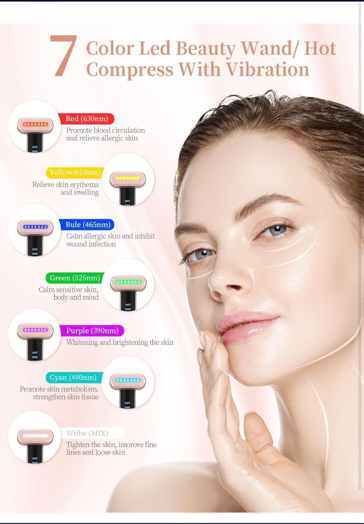 7 Acne Light Therapy Wand Red Light Therapy for Face Microcurrent Facial Device, True Beauty Glow Facial Massager Lymphatic Drainage Massager Face