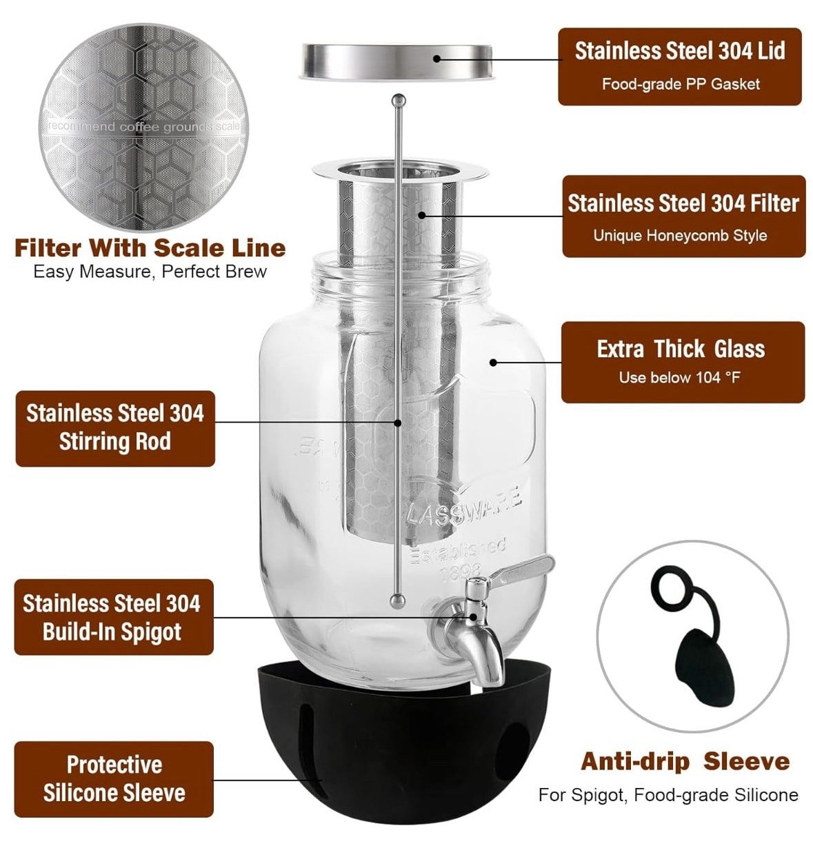 1 Gallon Cold Brew Coffee Maker with Stainless Steel Filter, Heavy Duty Glass Pitcher and Spigot. Fast Iced Tea Maker.