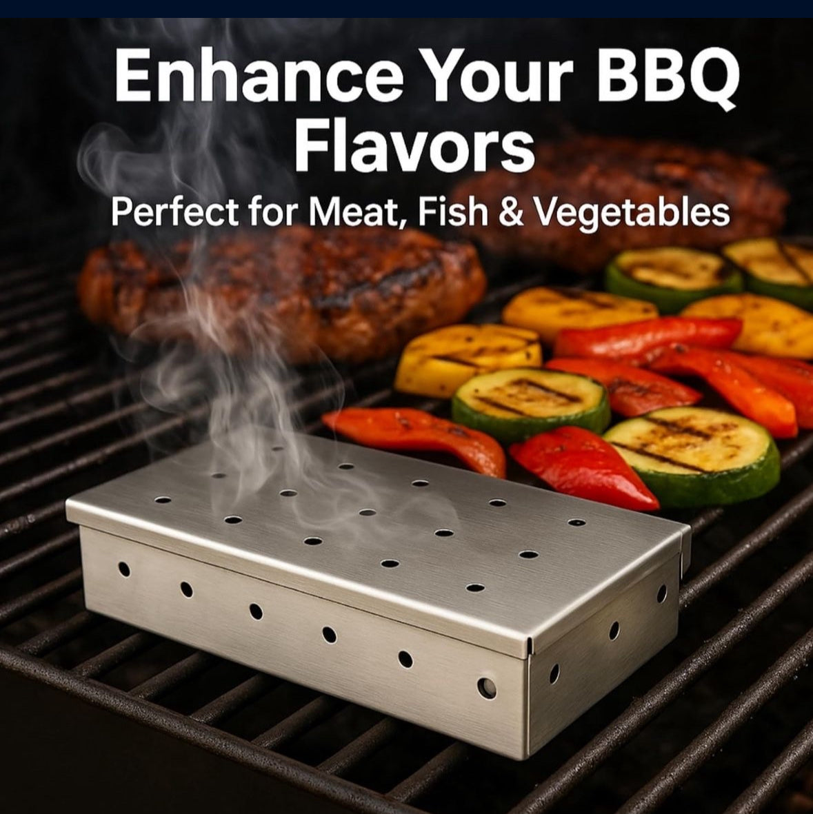 Enhance BBQ Flavor with Stainless Steel Wood Pellet Smoker Box on Any Grill.