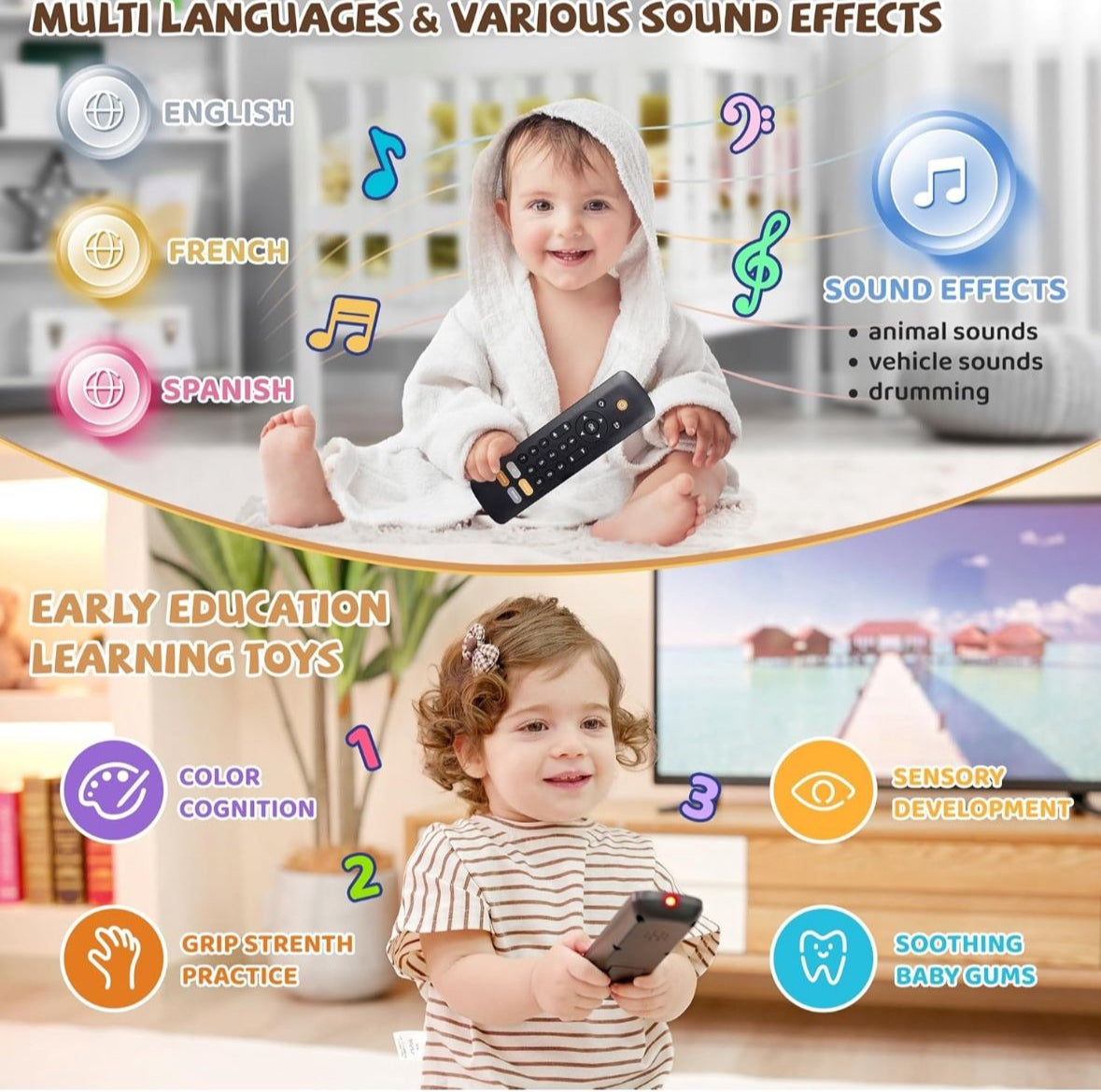 Baby TV Remote Toy - Realistic Play Remote toy with Lights and Sounds, 3 Languages (English, Spanish & French), Learning Musical Toys, Preschool Infant