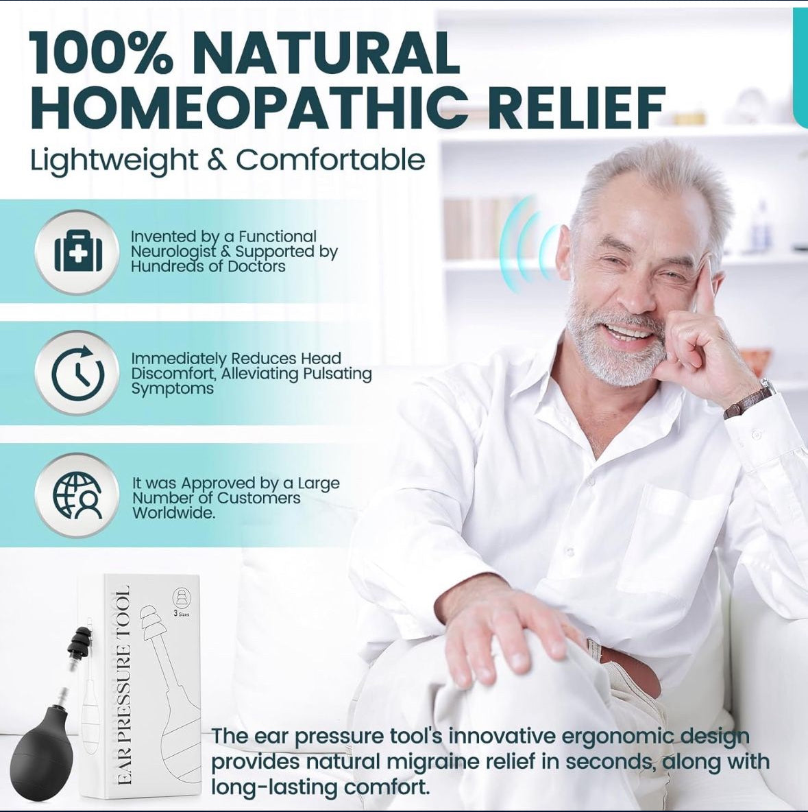 Ear Pressure Relief Device, Migraine and Headache Relief Products, Naturally Reduce Tension, Pressure & Pulsating Symptoms Through Inner Ear Pressure