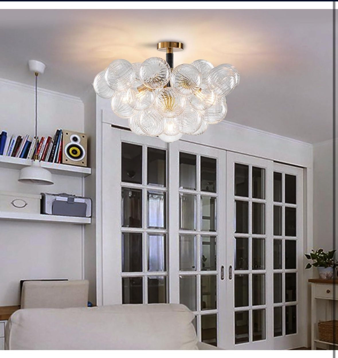Luxury Bubble Chandelier Light Semi Flush Mount Ceiling Light Fixture, Dia 24" Black Gold and Clear Ribbed Glass Chandelier Close to Ceiling Lighting