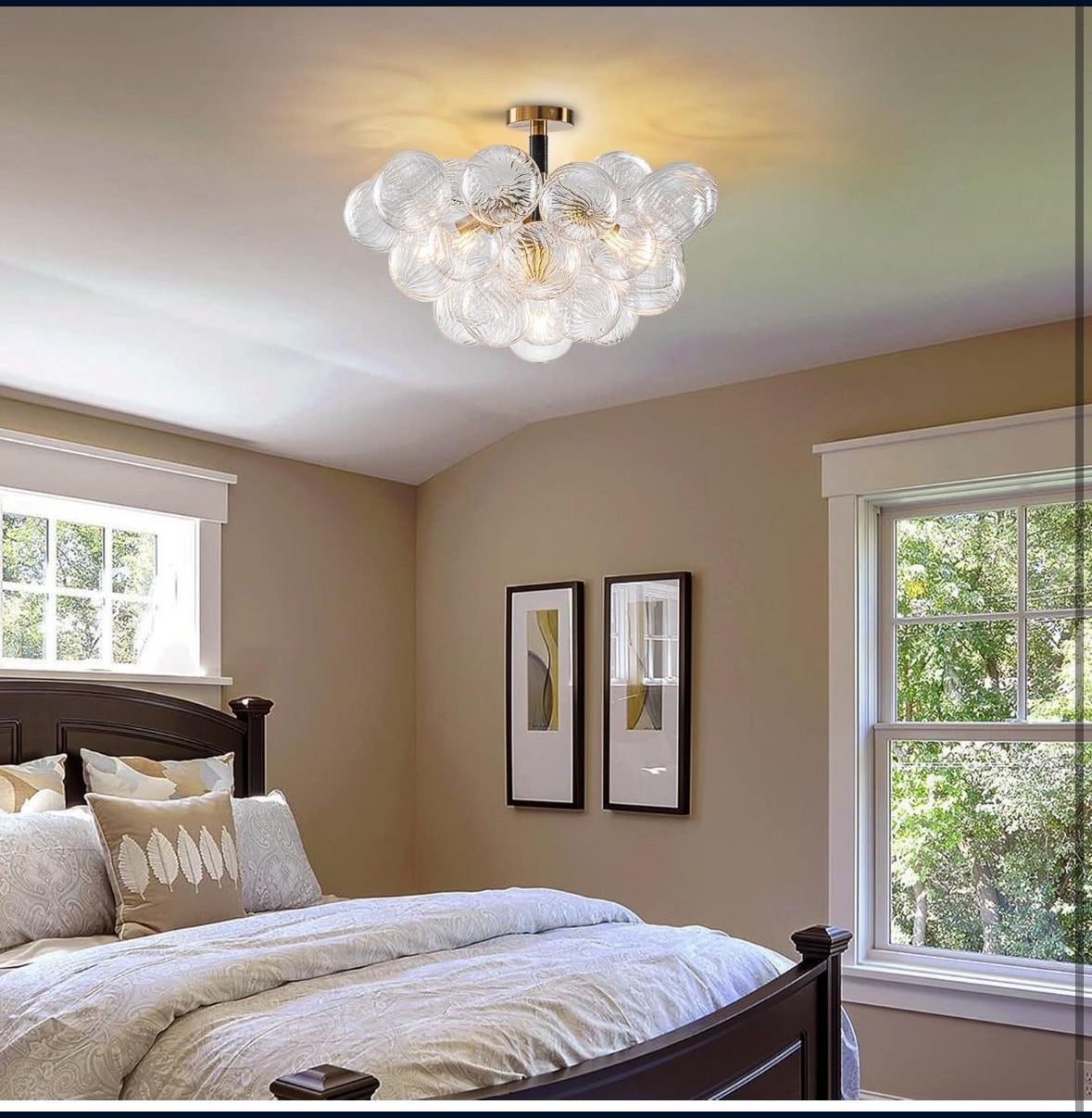 Luxury Bubble Chandelier Light Semi Flush Mount Ceiling Light Fixture, Dia 24" Black Gold and Clear Ribbed Glass Chandelier Close to Ceiling Lighting