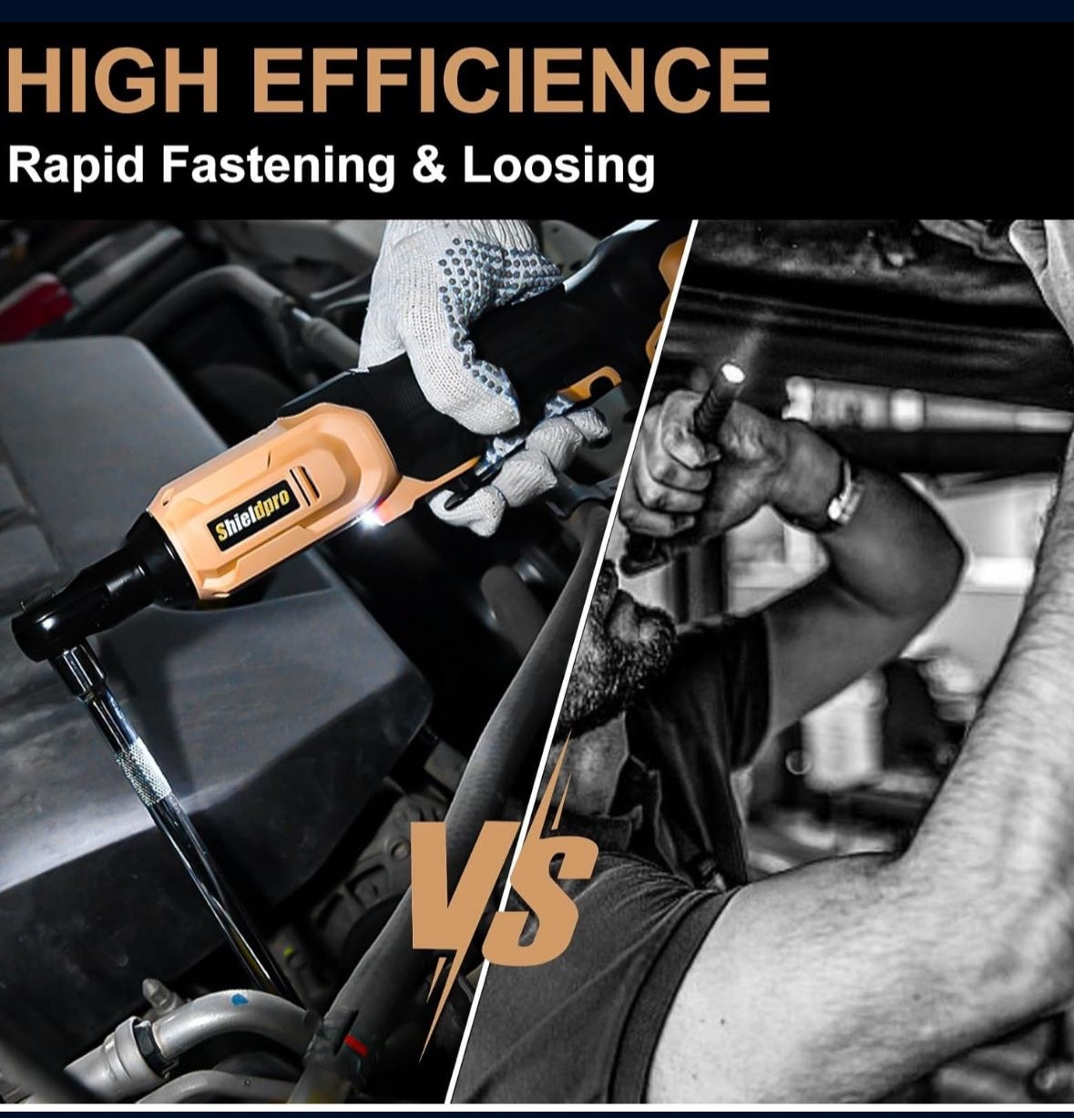 The 20V Electric Ratchet Wrench Set includes a cordless 3/8" ratchet with 400RPM speed, LED light, 2 packs of 2.0AH batteries, fast charger, sockets, adapters, and extension bars.