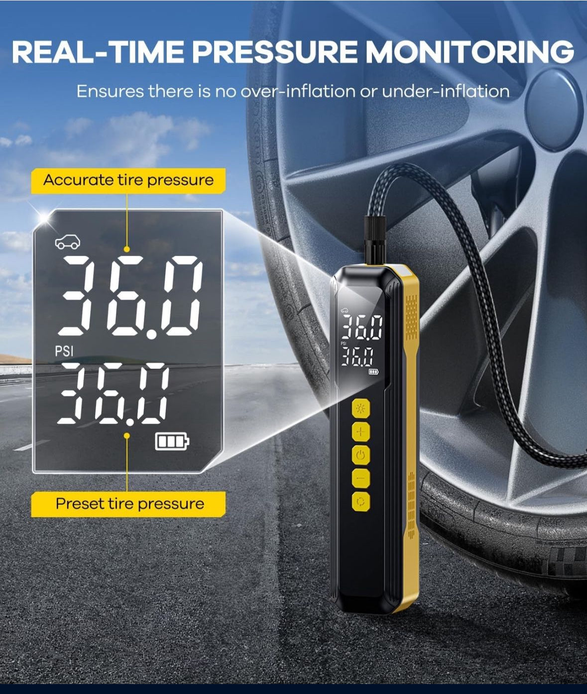 Tire Inflator Portable Air Compressor - 5X Faster 10000mAh Cordless Air Pump for Car Tires, Electric Bike Tire Pump with Digital Pressure Gauge, LED