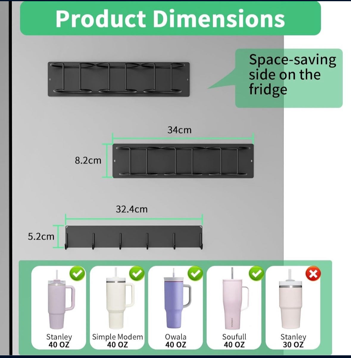 Maximize space with our versatile water bottle organizer, featuring a magnetic cup holder for Stanley 40 oz bottles, fridge and wall mount options, and 6 hooks. Perfect for gifting.