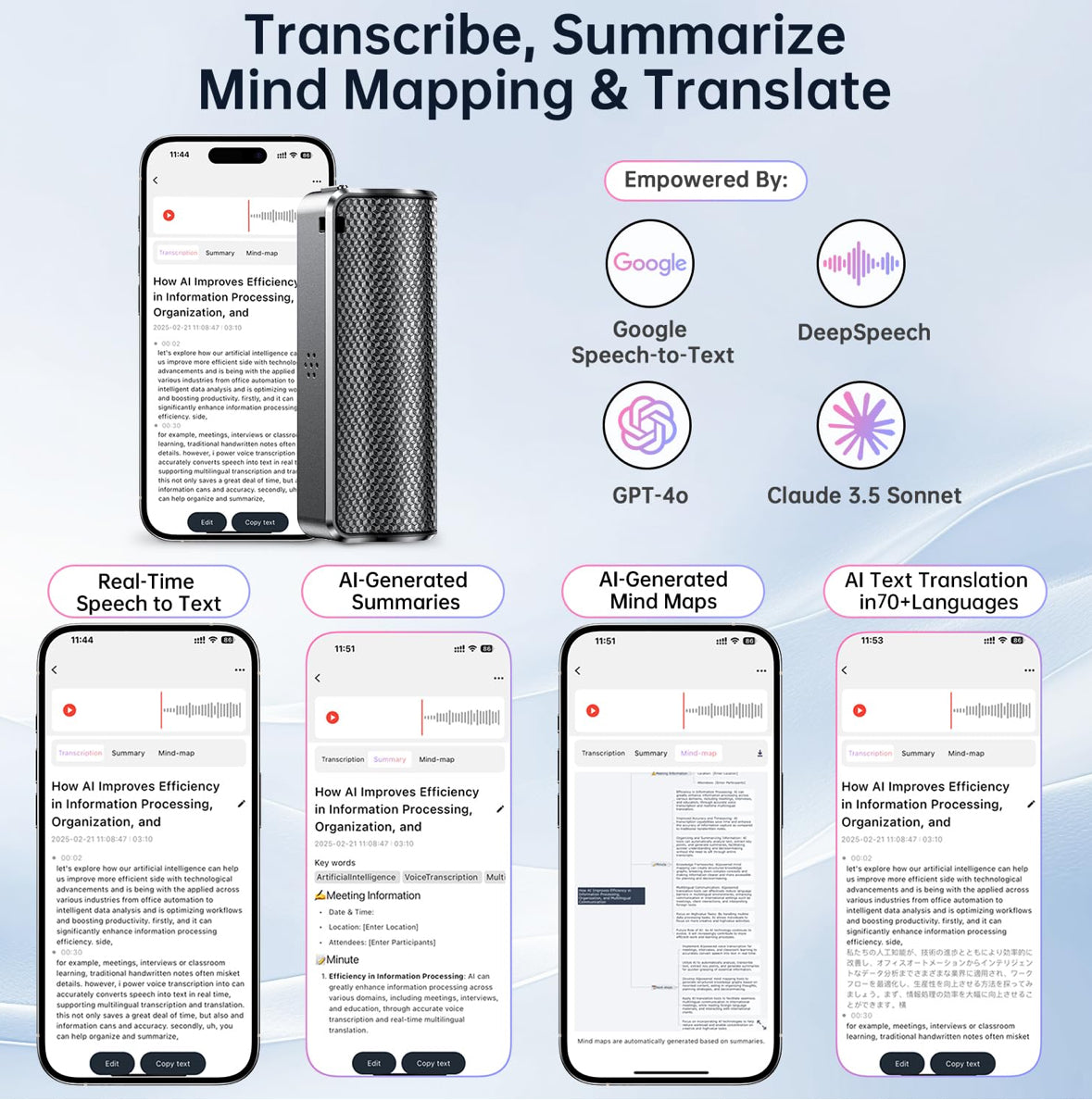AI Voice Recorder with Real-Time Transcription & Translation, AI Voice Transcriber, Mind Mapping & Translator for Meetings, Interviews & Lectures, 70+ Languages.