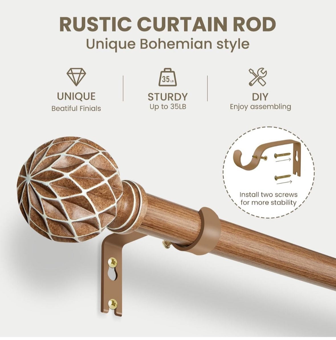 Expertly crafted Boho Wooden Curtain Rod for Rustic Farmhouse Décor. Decorative imitation wood grain for any bedroom or livingroom setting.