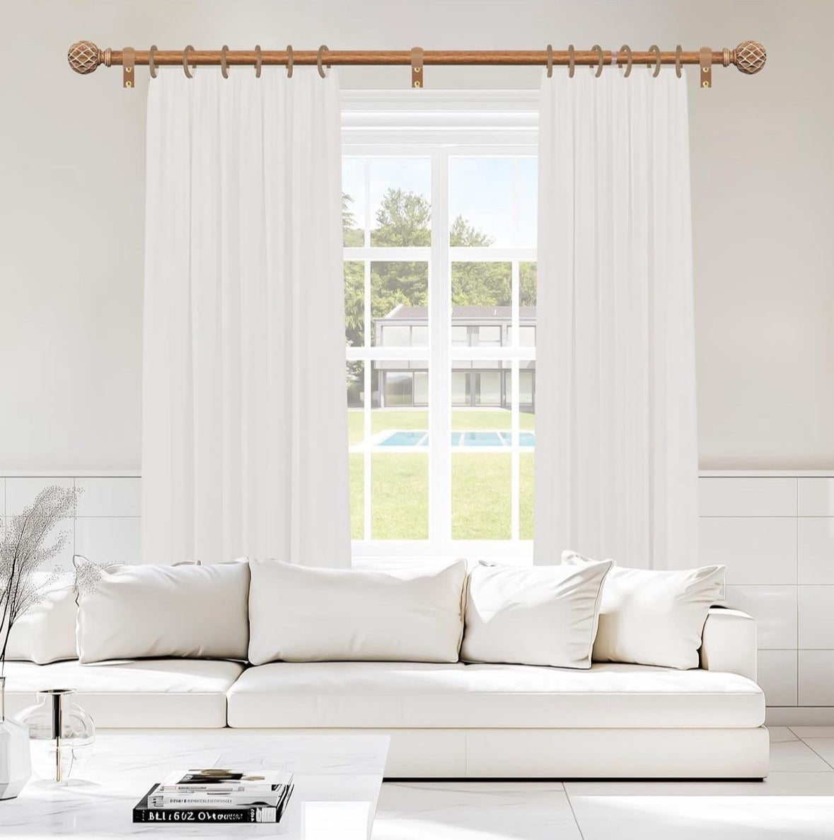 Expertly crafted Boho Wooden Curtain Rod for Rustic Farmhouse Décor. Decorative imitation wood grain for any bedroom or livingroom setting.