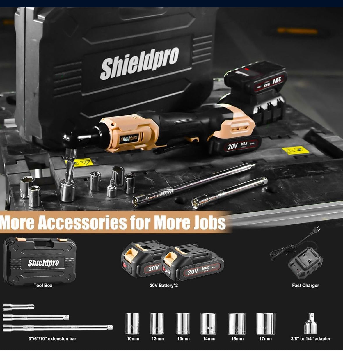 SHIELDPRO 20V Electric Ratchet Wrench Set, Cordless Ratchet, Power Torque Ratchets with LED Light