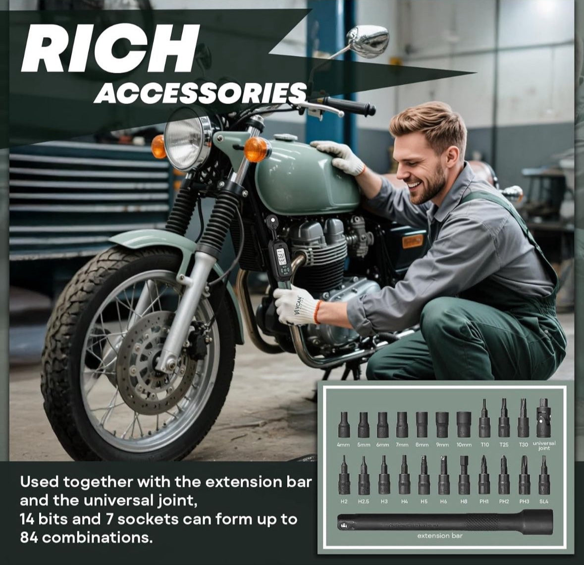 Obtain precise torque measurements with this Digital Torque Wrench Set. Ideal for repairing bikes, motos, and guns. Includes bits and sockets for added versatility.