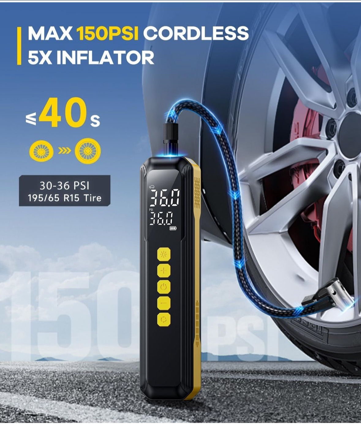 Tire Inflator Portable Air Compressor - 5X Faster 10000mAh Cordless Air Pump for Car Tires, Electric Bike Tire Pump with Digital Pressure Gauge, LED