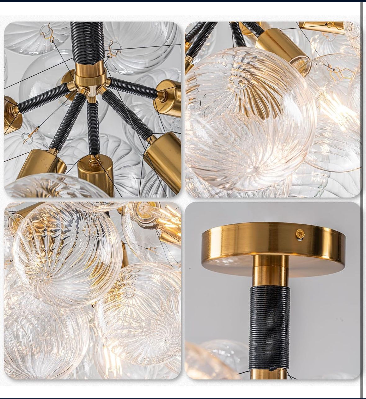 Luxury Bubble Chandelier Light Semi Flush Mount Ceiling Light Fixture, Dia 24" Black Gold and Clear Ribbed Glass Chandelier Close to Ceiling Lighting