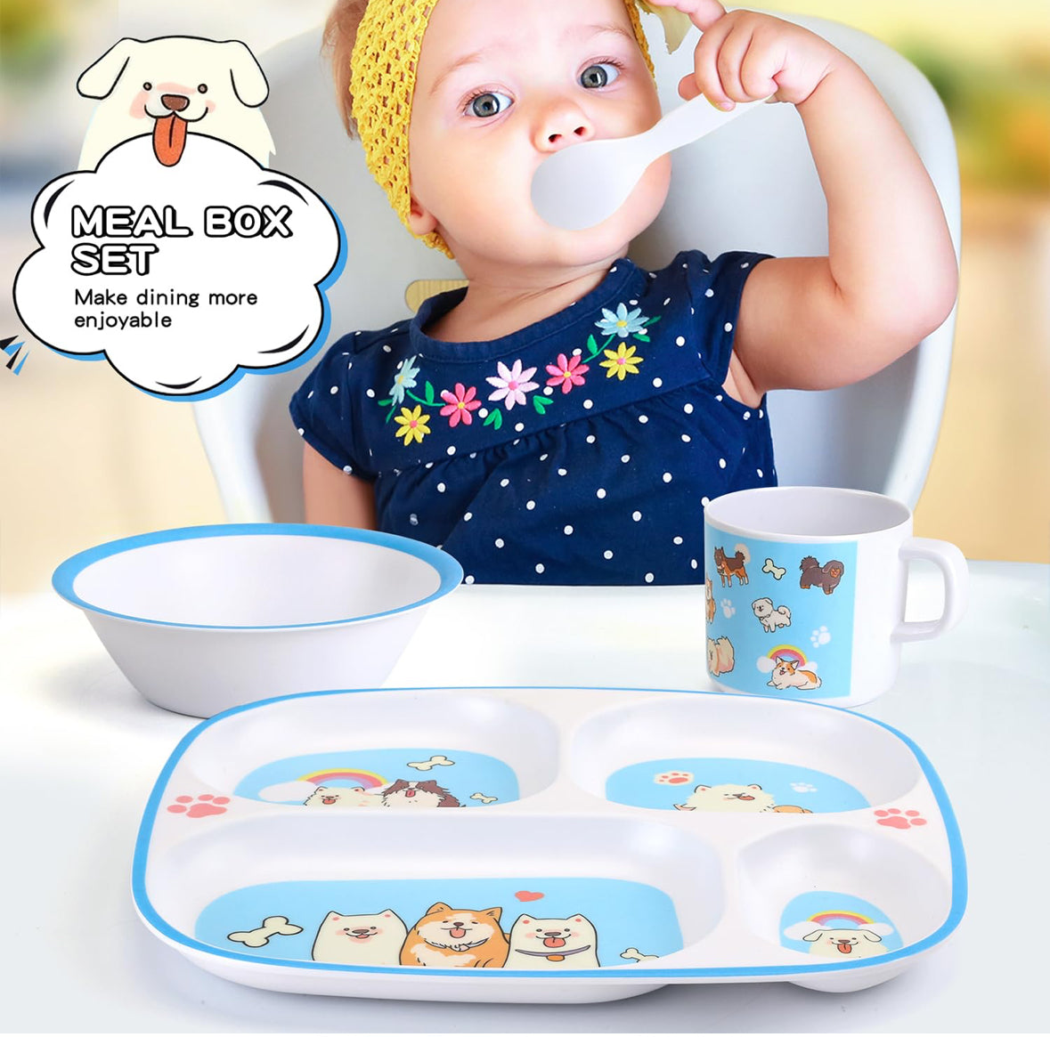 5-Piece Kids Melamine Dinnerware Set –BPA-Free, Durable & Lightweight Cartoon Set for Toddlers (Puppy Band)