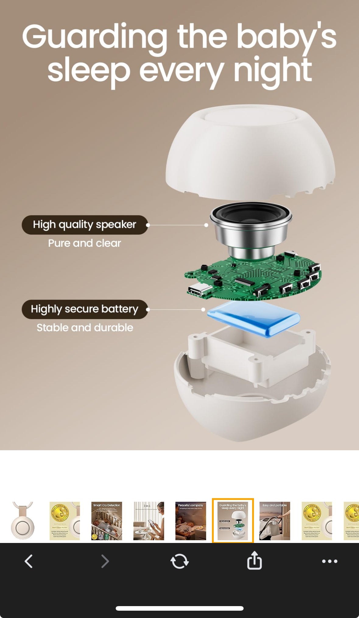 2025 Mom's Choice Awards, Portable Sound Machine for Baby, Smart Cry Detection, 18 Soothing Sound, White Noise, Bluetooth, Nursery Light, Memory Funct