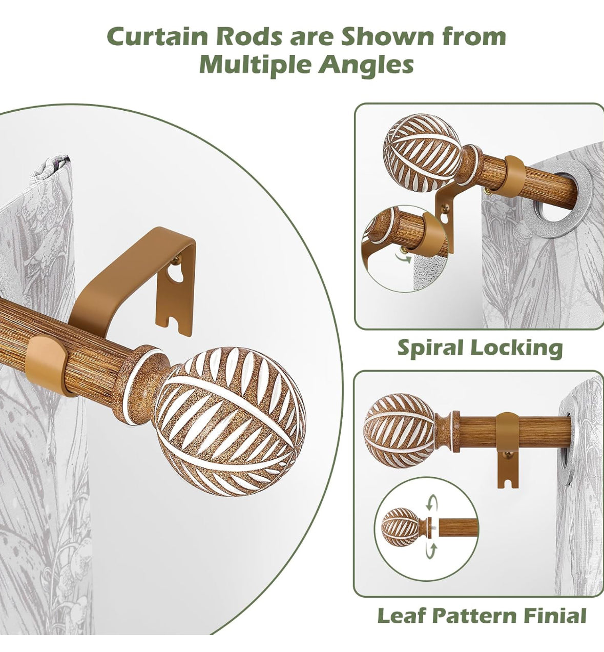 Wood Boho Curtain Rods for Windows: Wooden Farmhouse Decorative Curtain Rod for Bedroom Living Room, Heavy Duty Rustic Bamboo Drapery Rods with Imitation Wood Grain Finials