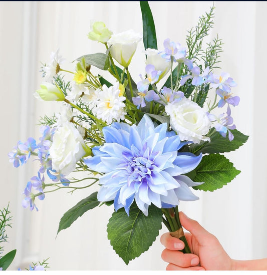 Fake Artificial Flowers in Vase,Faux Silk Dahlia Flower Bouquet Floral Arrangement Fake Plant Decor for Tables Centerpieces,Home Office Party Wedding Decor(Blue with Vase)