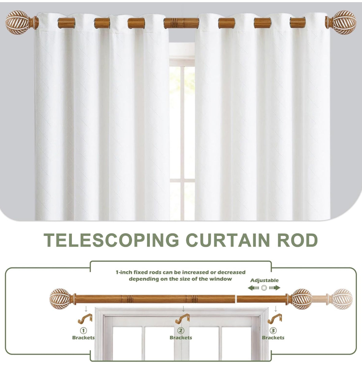 Wood Boho Curtain Rods for Windows: Wooden Farmhouse Decorative Curtain Rod for Bedroom Living Room, Heavy Duty Rustic Bamboo Drapery Rods with Imitation Wood Grain Finials