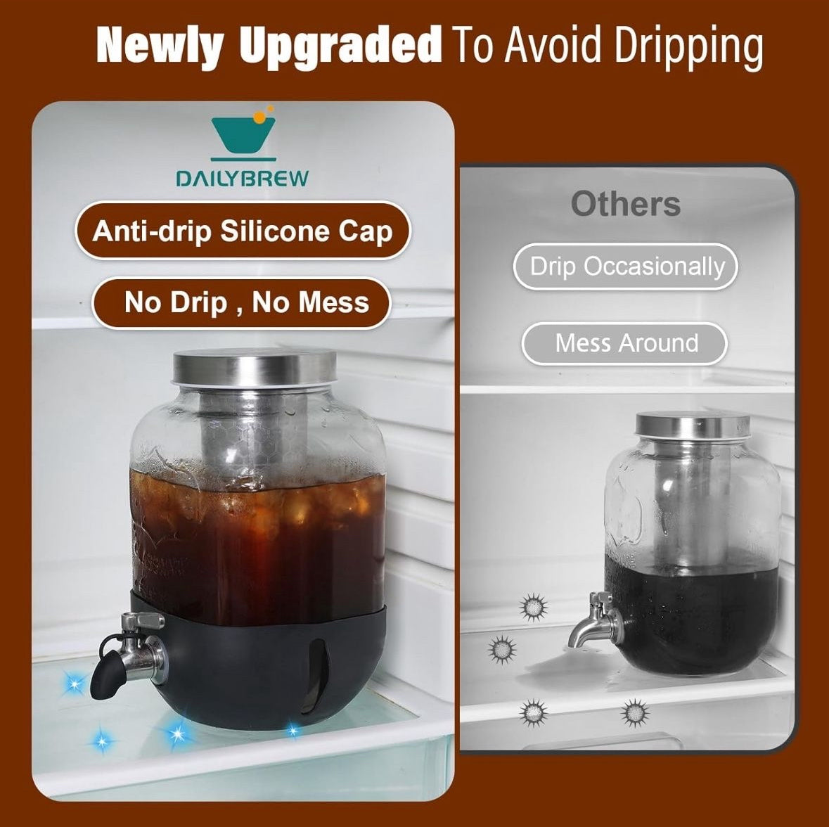 1 Gallon Cold Brew Coffee Maker with Stainless Steel Filter, Heavy Duty Glass Pitcher and Spigot. Fast Iced Tea Maker.