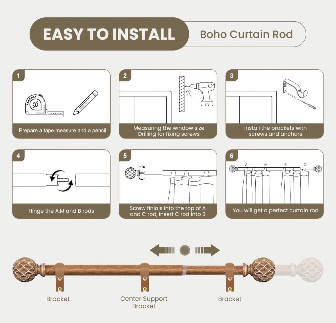 Expertly crafted Boho Wooden Curtain Rod for Rustic Farmhouse Décor. Decorative imitation wood grain for any bedroom or livingroom setting.