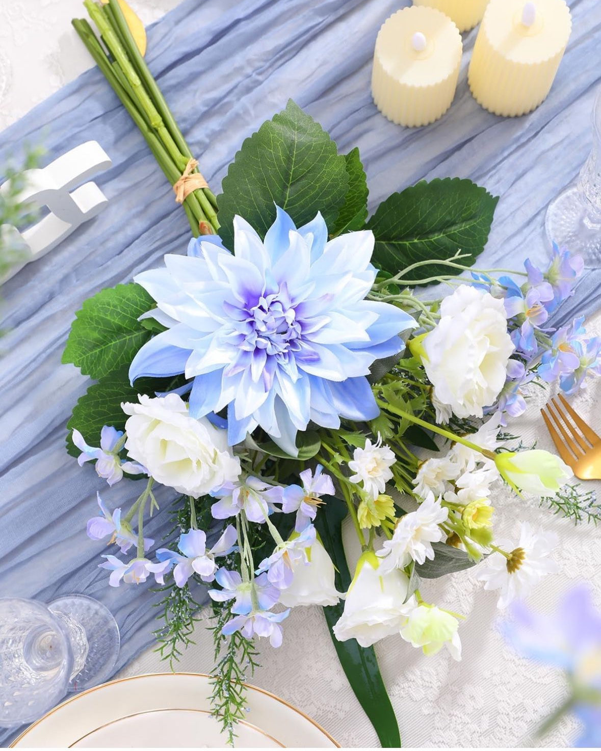 Fake Artificial Flowers in Vase,Faux Silk Dahlia Flower Bouquet Floral Arrangement Fake Plant Decor for Tables Centerpieces,Home Office Party Wedding Decor(Blue with Vase)