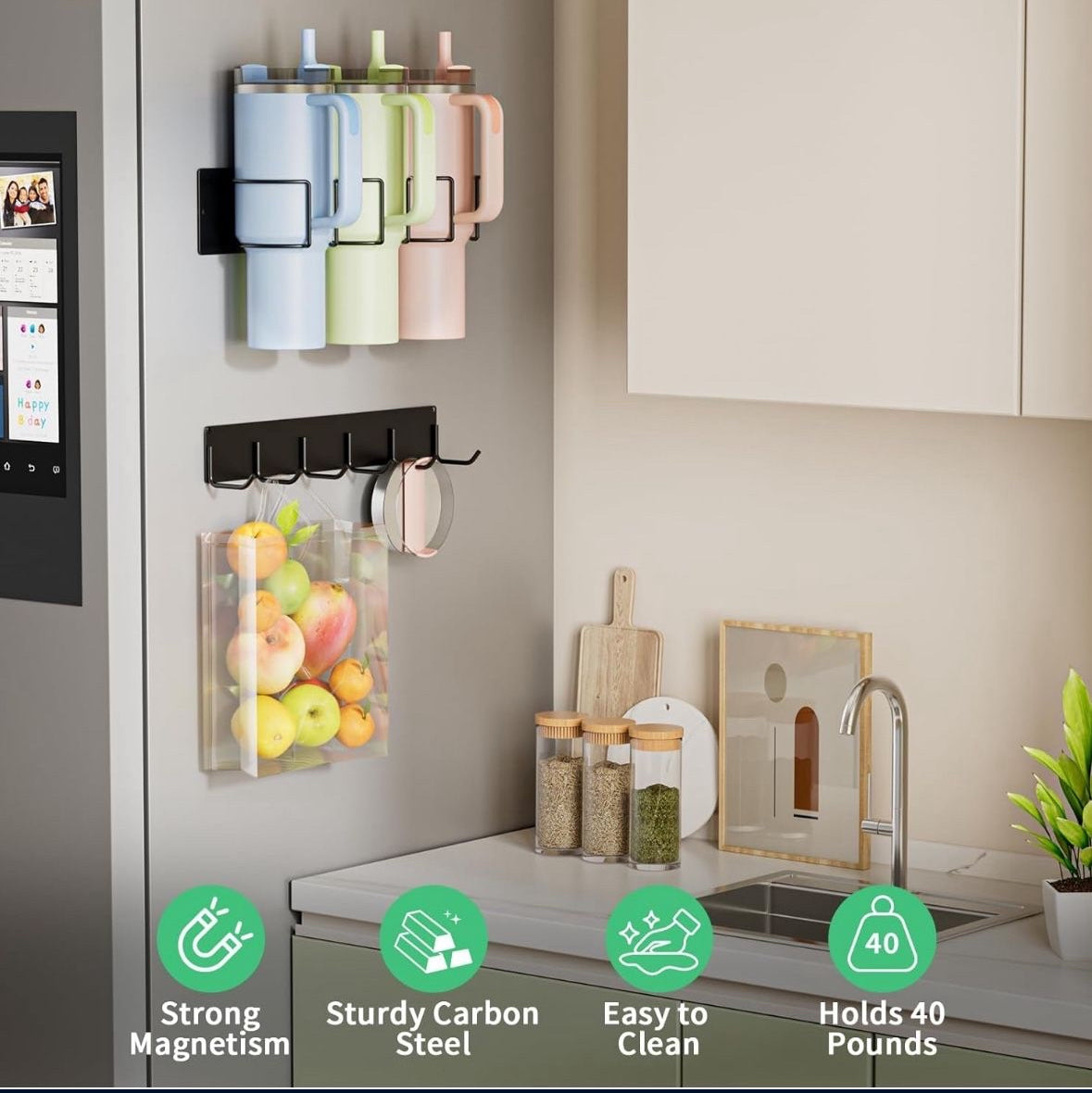 Maximize space with our versatile water bottle organizer, featuring a magnetic cup holder for Stanley 40 oz bottles, fridge and wall mount options, and 6 hooks. Perfect for gifting.