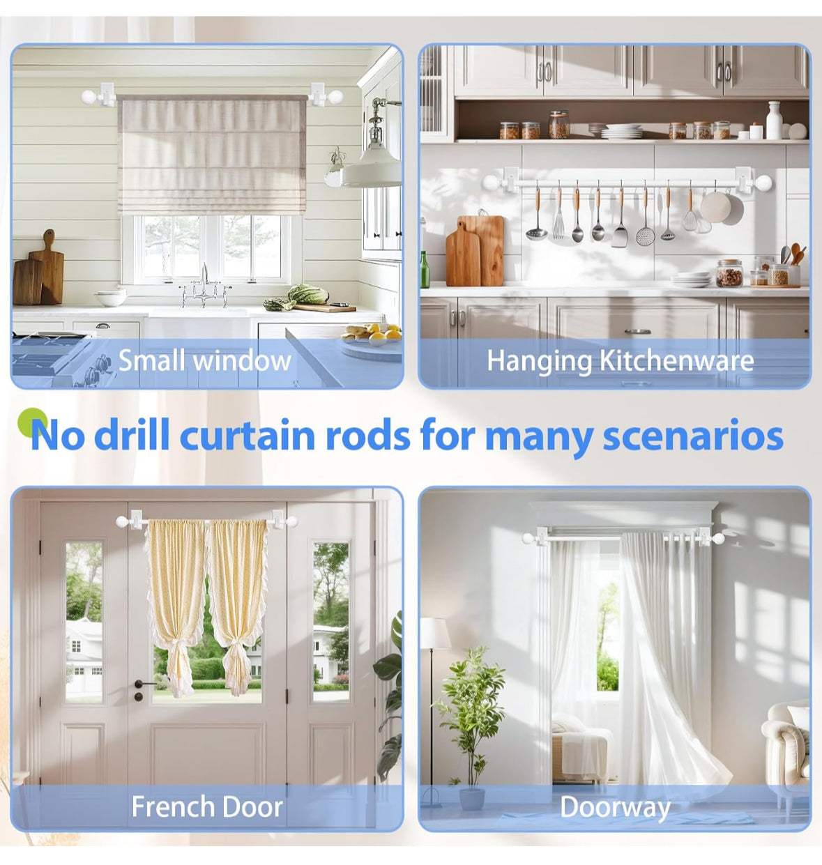 White Curtain Rods No Drilling-Adjustable No Drill Curtain Rods for Windows 18-45" with Adhesive Brackets for Bedroom Apartment Renter Friendly