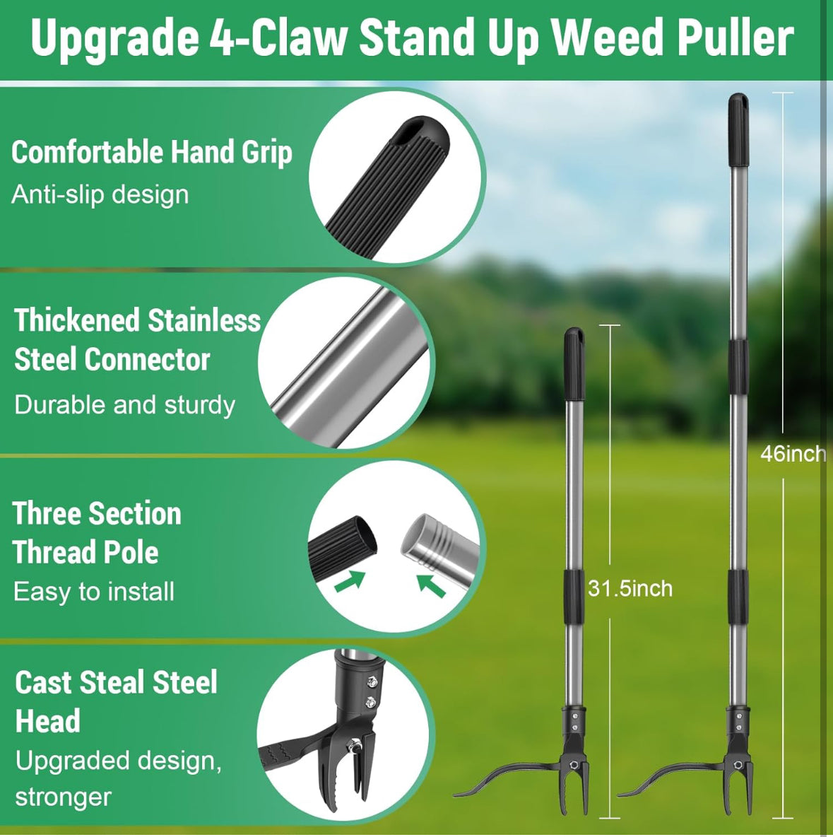 46” Weed Puller Tool, 4-Claw Stand Up Weeder Tool with Adjustable Handle for Removal Weeds