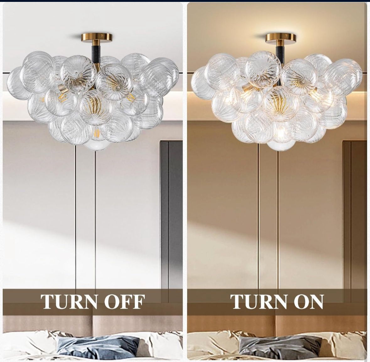 Luxury Bubble Chandelier Light Semi Flush Mount Ceiling Light Fixture, Dia 24" Black Gold and Clear Ribbed Glass Chandelier Close to Ceiling Lighting
