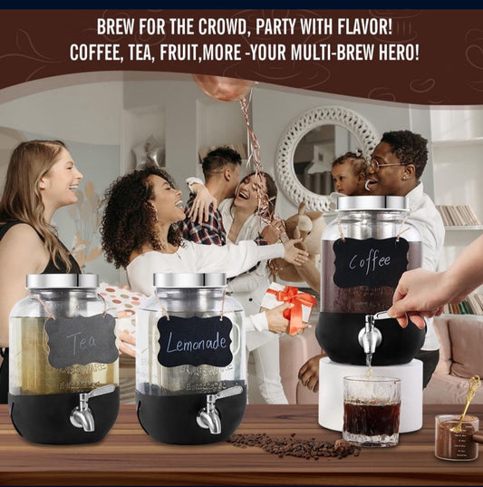 1 Gallon Cold Brew Coffee Maker with Stainless Steel Filter, Heavy Duty Glass Pitcher and Spigot. Fast Iced Tea Maker.