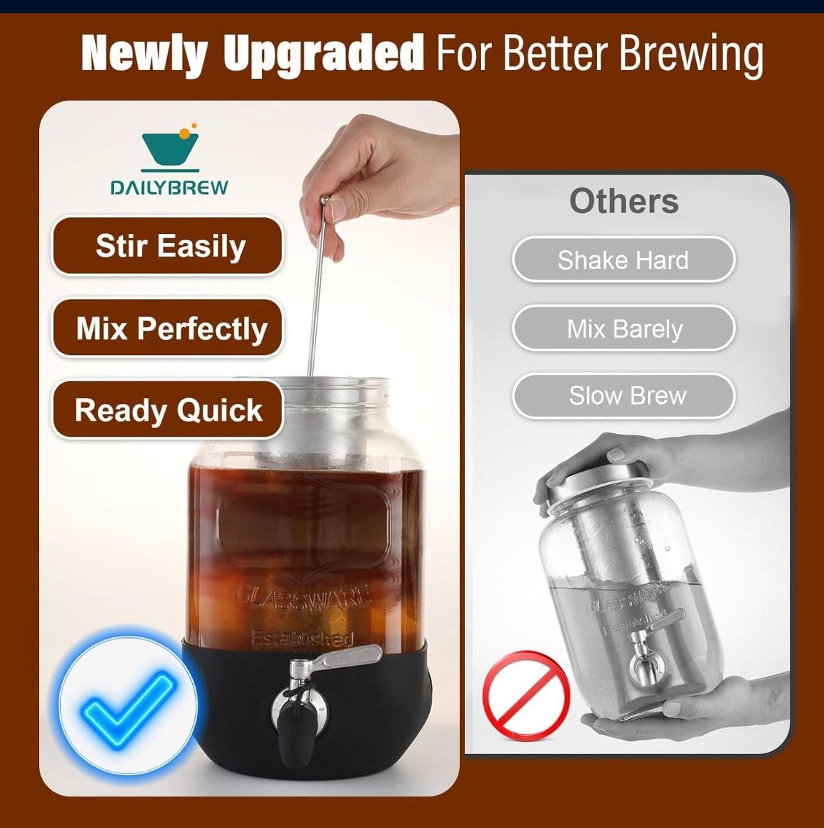 1 Gallon Cold Brew Coffee Maker with Stainless Steel Filter, Heavy Duty Glass Pitcher and Spigot. Fast Iced Tea Maker.