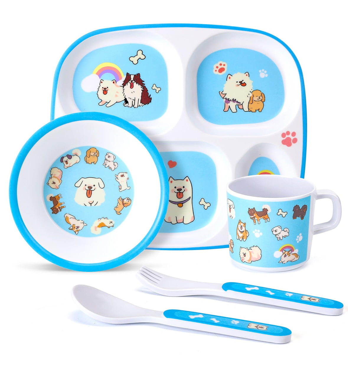 5-Piece Kids Melamine Dinnerware Set –BPA-Free, Durable & Lightweight Cartoon Set for Toddlers (Puppy Band)
