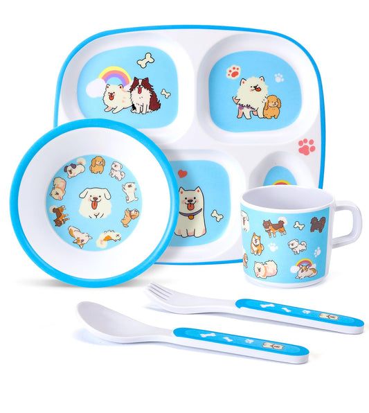 5-Piece Kids Melamine Dinnerware Set –BPA-Free, Durable & Lightweight Cartoon Set for Toddlers (Puppy Band)