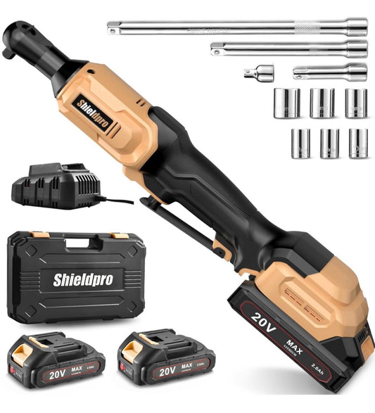 The 20V Electric Ratchet Wrench Set includes a cordless 3/8" ratchet with 400RPM speed, LED light, 2 packs of 2.0AH batteries, fast charger, sockets, adapters, and extension bars.