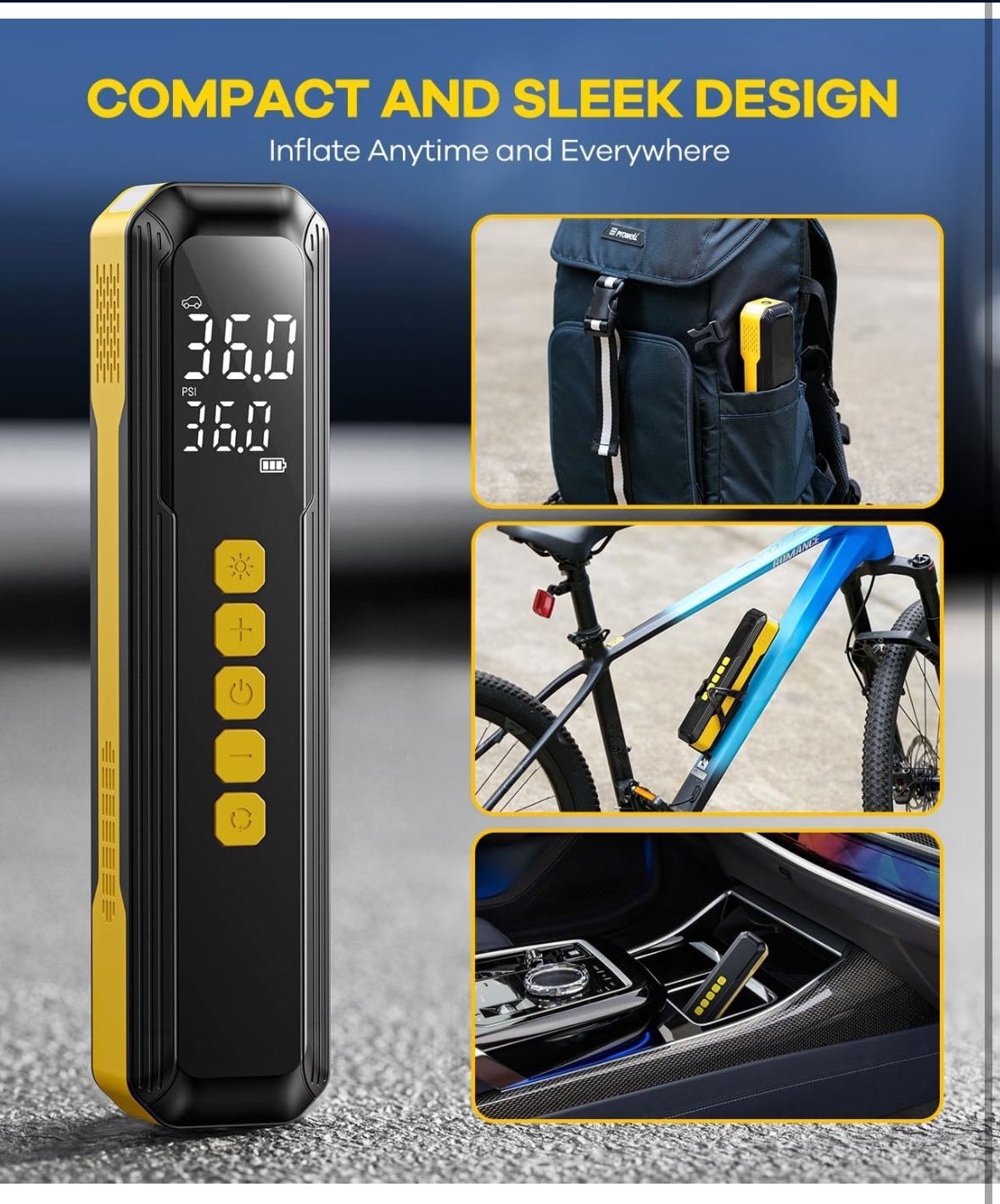 Tire Inflator Portable Air Compressor - 5X Faster 10000mAh Cordless Air Pump for Car Tires, Electric Bike Tire Pump with Digital Pressure Gauge, LED