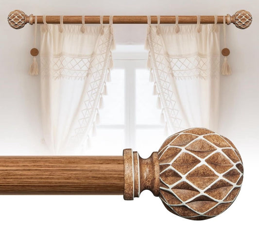 Upgrade your windows with our Boho Wooden Curtain Rod. This 1-inch heavy duty rod has a rustic design and elegant imitation wood grain, perfect for bedrooms, living rooms, and farmhouses.