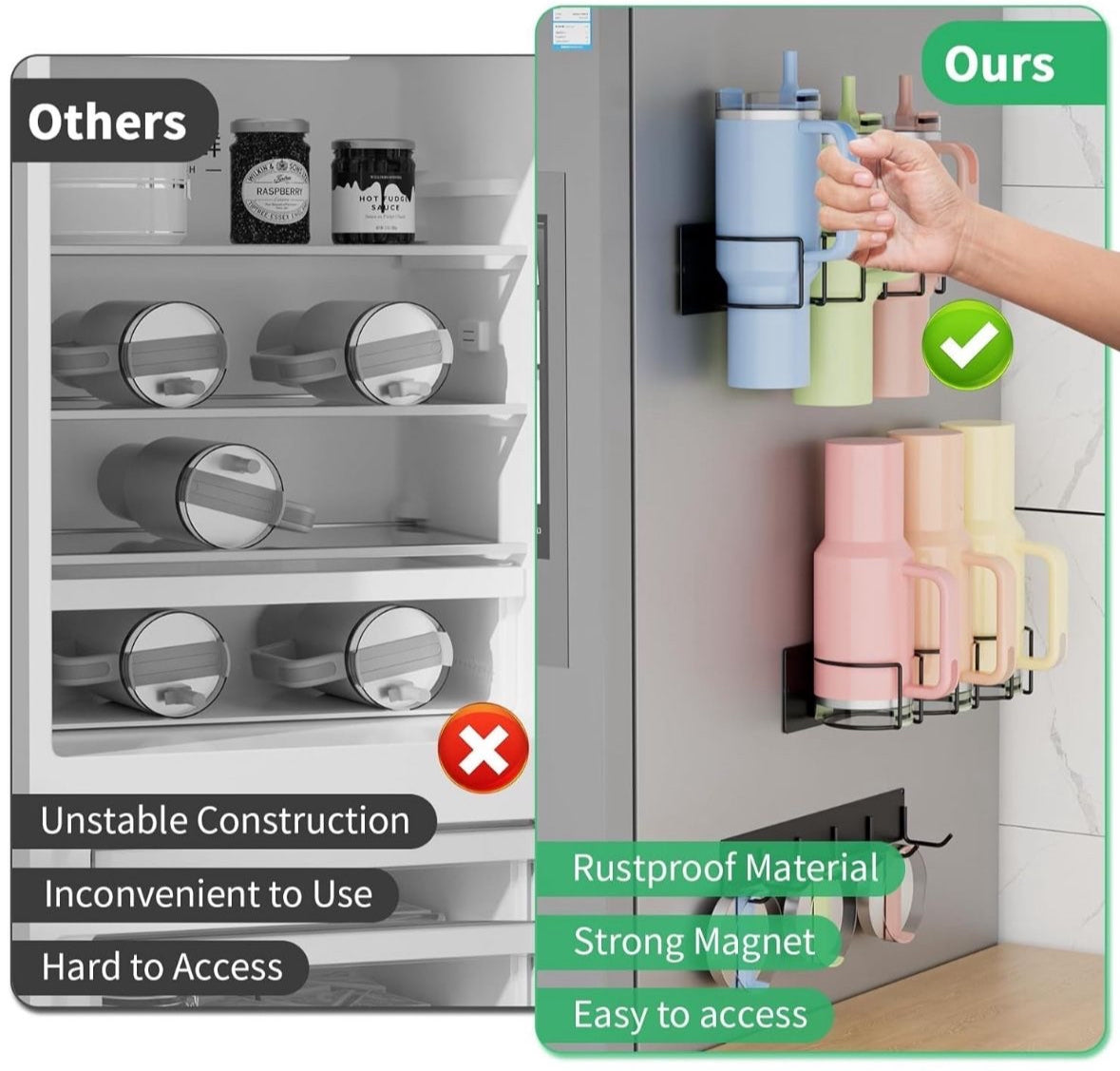 Maximize space with our versatile water bottle organizer, featuring a magnetic cup holder for Stanley 40 oz bottles, fridge and wall mount options, and 6 hooks. Perfect for gifting.