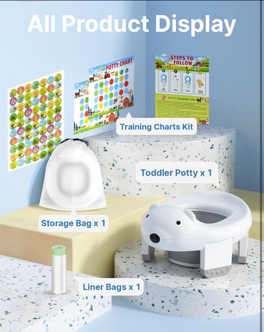 2-in-1 Potty Training Toilet for Toddlers (12 M+) - Portable Travel Potty Seat with Training Charts, Safety Locks & Polar Bear Design