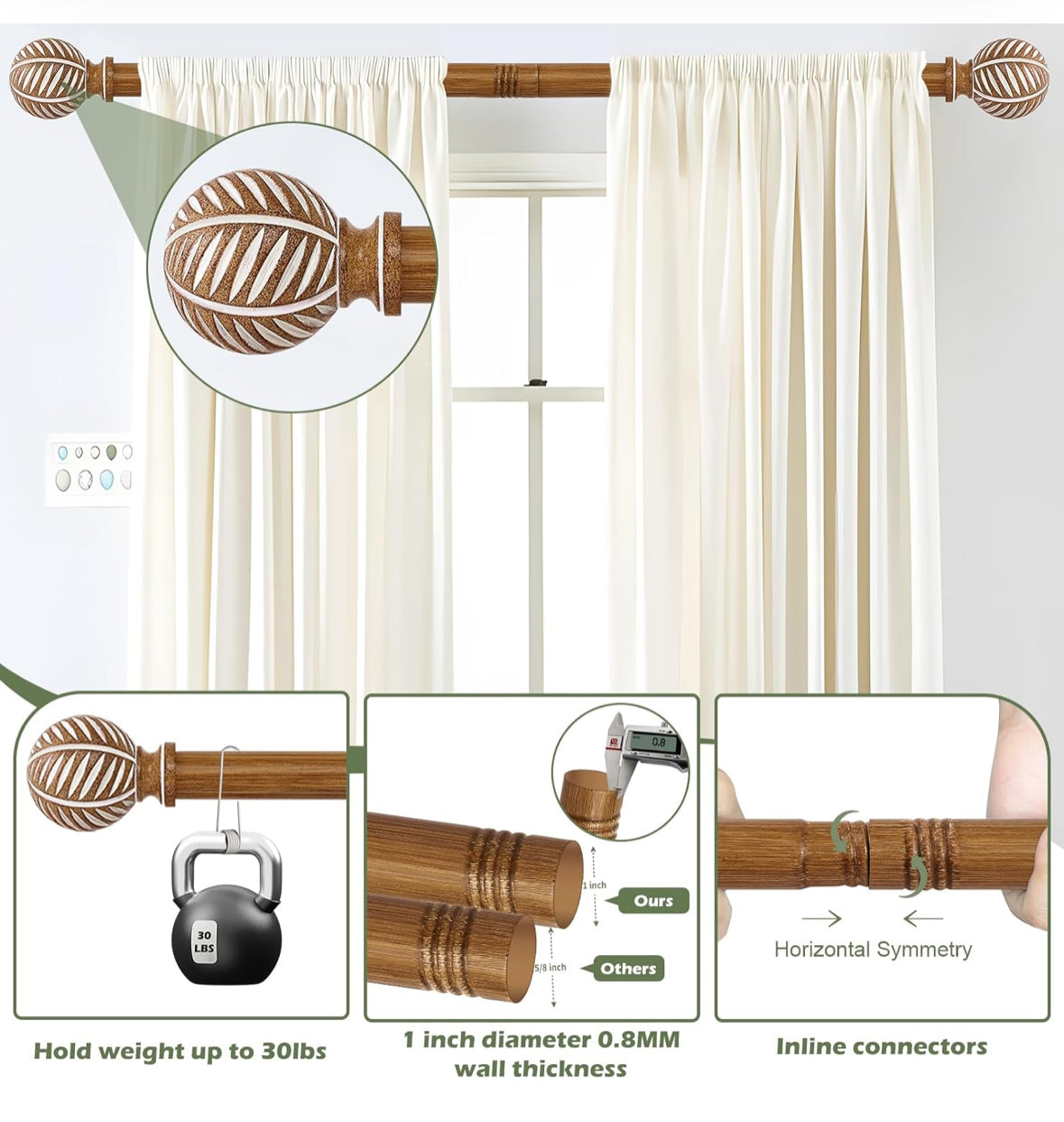 Wood Boho Curtain Rods for Windows: Wooden Farmhouse Decorative Curtain Rod for Bedroom Living Room, Heavy Duty Rustic Bamboo Drapery Rods with Imitation Wood Grain Finials