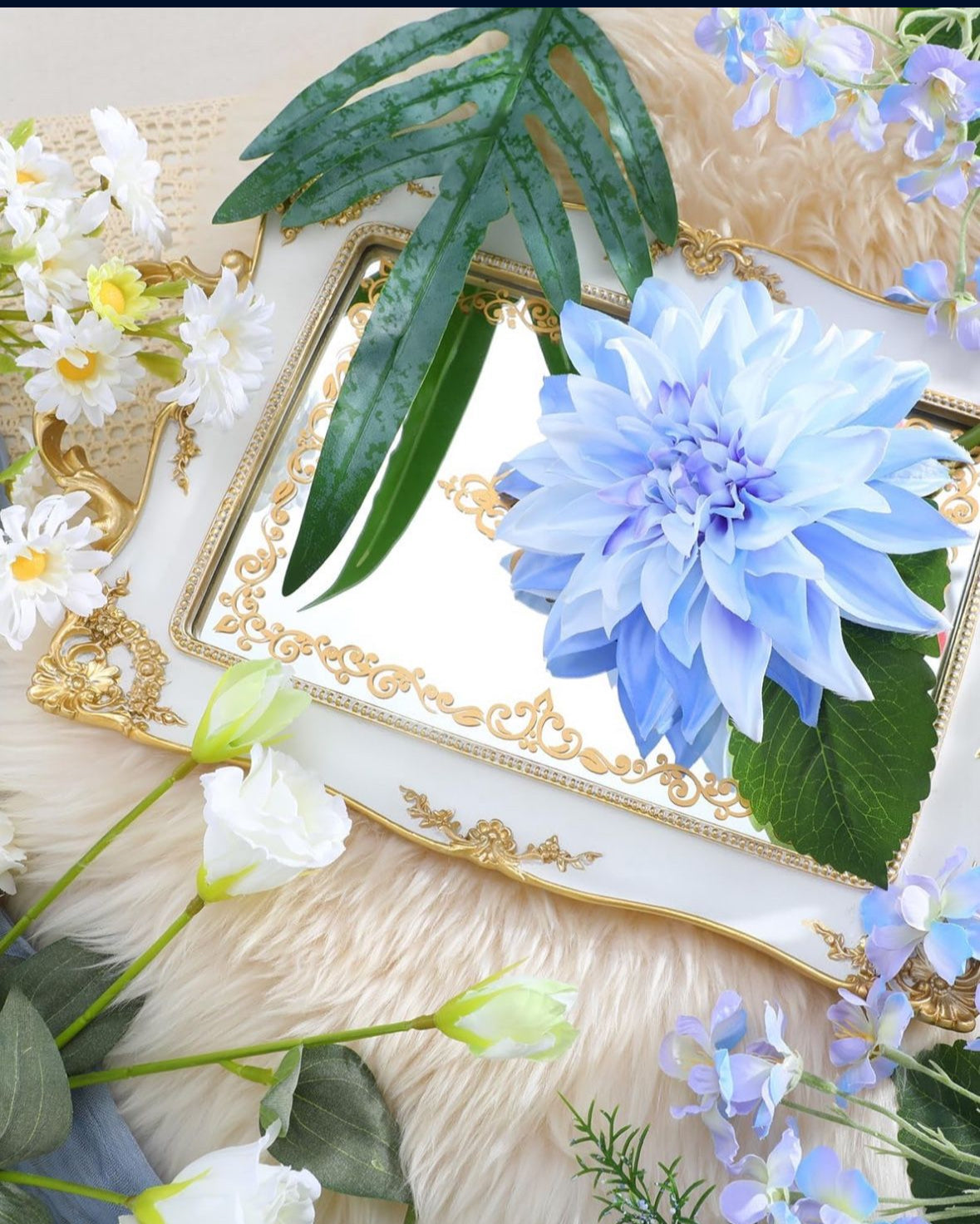 Fake Artificial Flowers in Vase,Faux Silk Dahlia Flower Bouquet Floral Arrangement Fake Plant Decor for Tables Centerpieces,Home Office Party Wedding Decor(Blue with Vase)