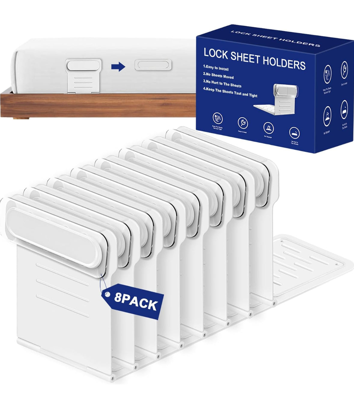 Bed Sheet Holders for Corners 8Pcs, Patented Bed Sheet Grippers Keep Sheets Firm and Tight, Heavy-Duty Sheets Locks(L-Height 4.72″)