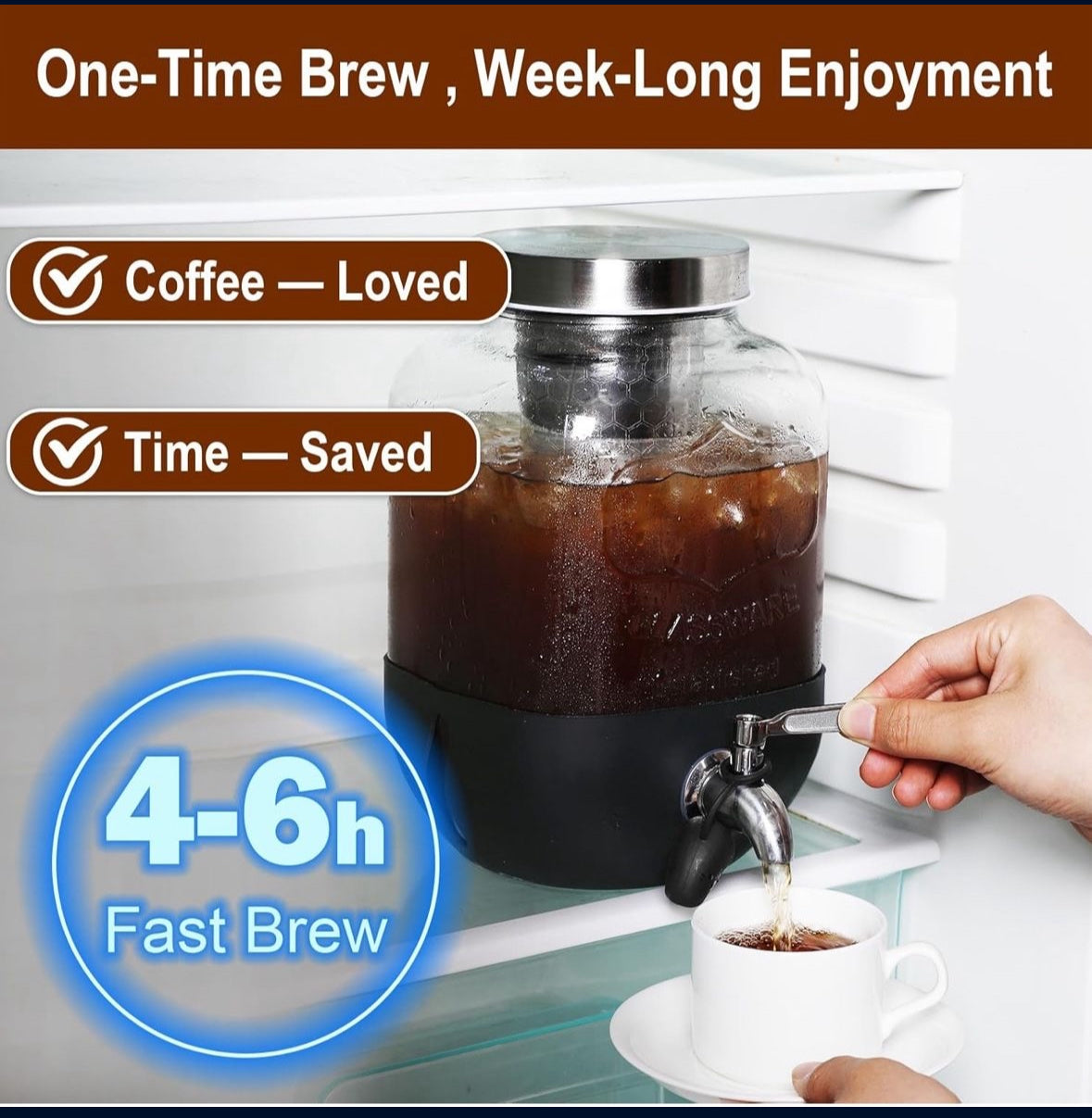 1 Gallon Cold Brew Coffee Maker with Stainless Steel Filter, Heavy Duty Glass Pitcher and Spigot. Fast Iced Tea Maker.