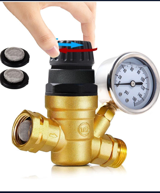 Handle Adjustable RV Water Pressure Regulator for RV Camper, Upgraded Brass Lead-Free RV Water Pressure Regulator with Gauge and 2 Inlet Screened Filter