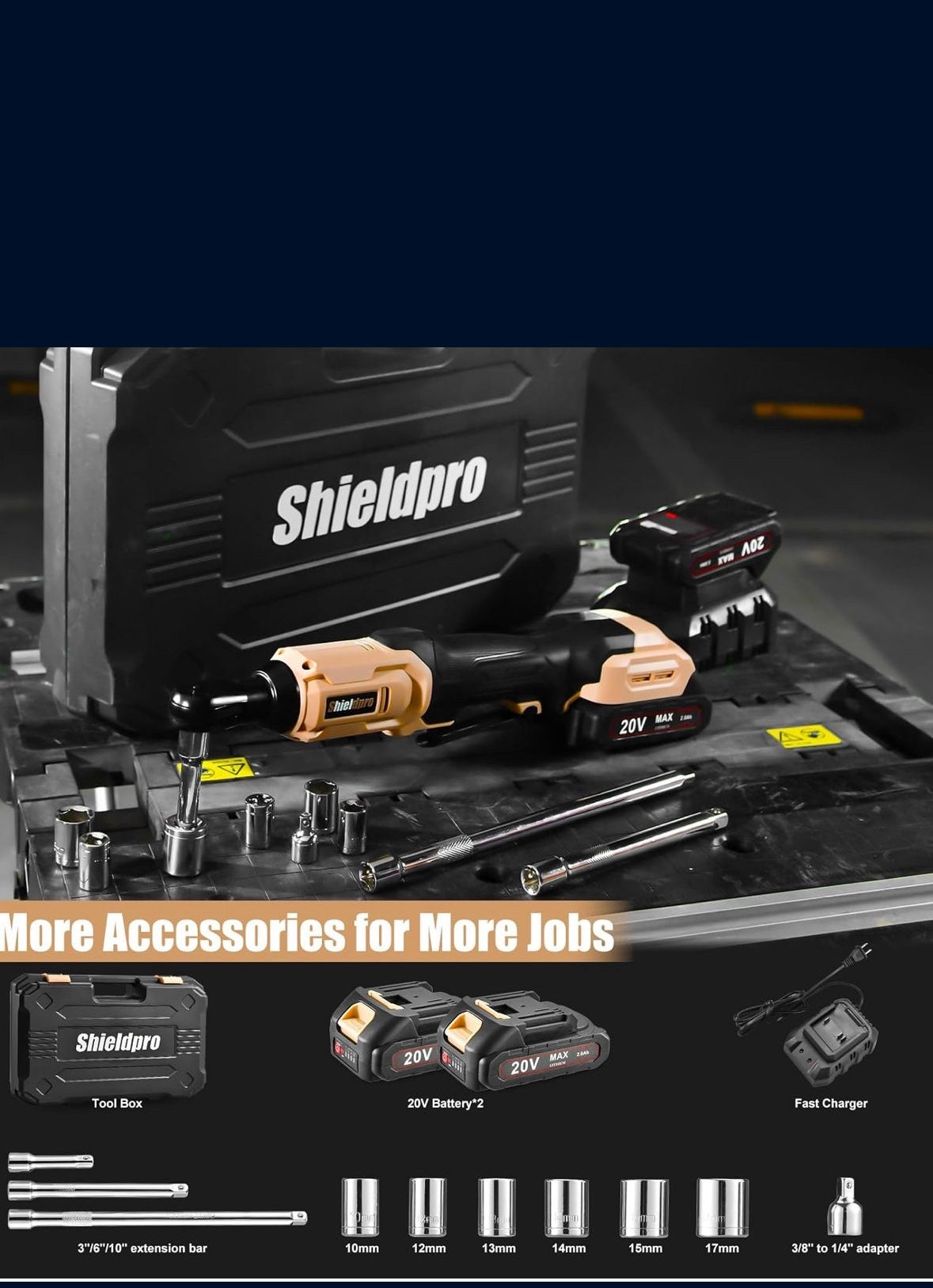 The 20V Electric Ratchet Wrench Set includes a cordless 3/8" ratchet with 400RPM speed, LED light, 2 packs of 2.0AH batteries, fast charger, sockets, adapters, and extension bars.