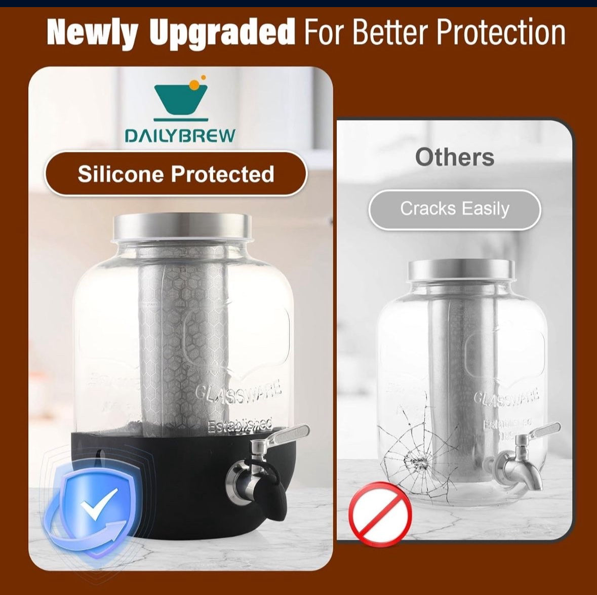 1 Gallon Cold Brew Coffee Maker with Stainless Steel Filter, Heavy Duty Glass Pitcher and Spigot. Fast Iced Tea Maker.