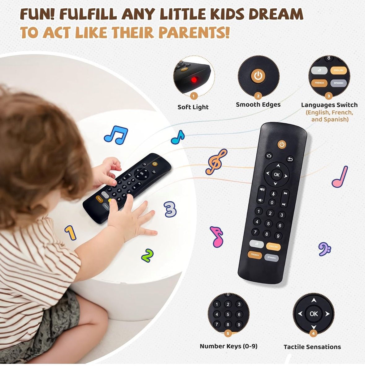 Baby TV Remote Toy - Realistic Play Remote toy with Lights and Sounds, 3 Languages (English, Spanish & French), Learning Musical Toys, Preschool Infant