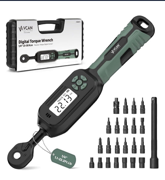 Obtain precise torque measurements with this Digital Torque Wrench Set. Ideal for repairing bikes, motos, and guns. Includes bits and sockets for added versatility.