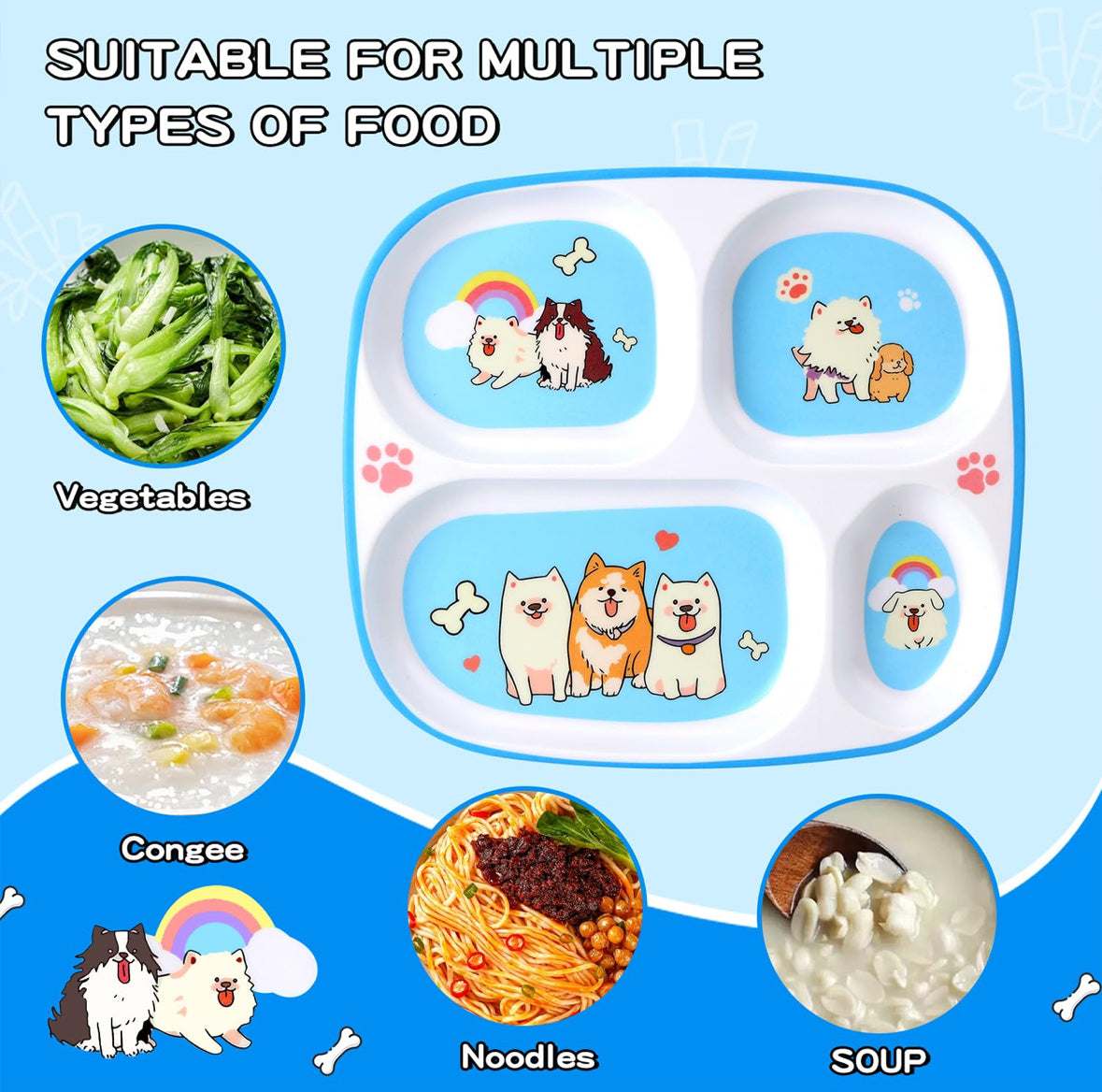 5-Piece Kids Melamine Dinnerware Set –BPA-Free, Durable & Lightweight Cartoon Set for Toddlers (Puppy Band)