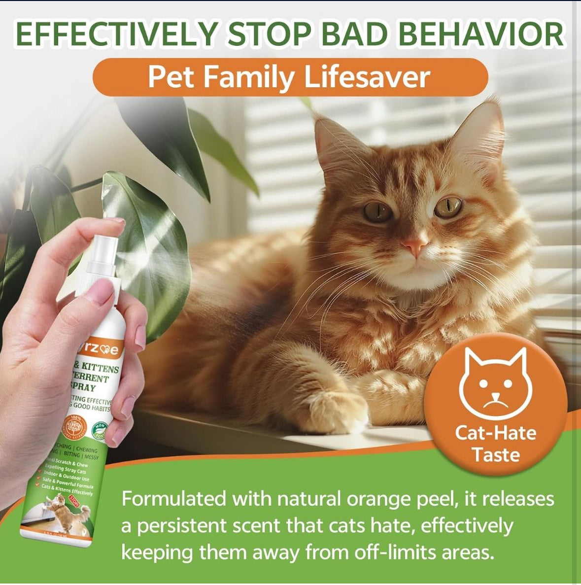 Natural Cat Deterrent Spray, 200ML Kitten Cat Repellent Spray Anti-Scratch for Furniture, Sofas, Curtains, Plants, Non-Toxic, Non-Alcohol Behavior Training